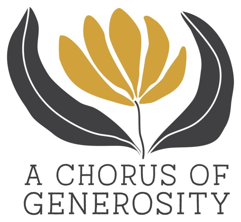 A Chorus of Generosity: 2027 Pledge Drive logo, a gold flower held between two dark leaves